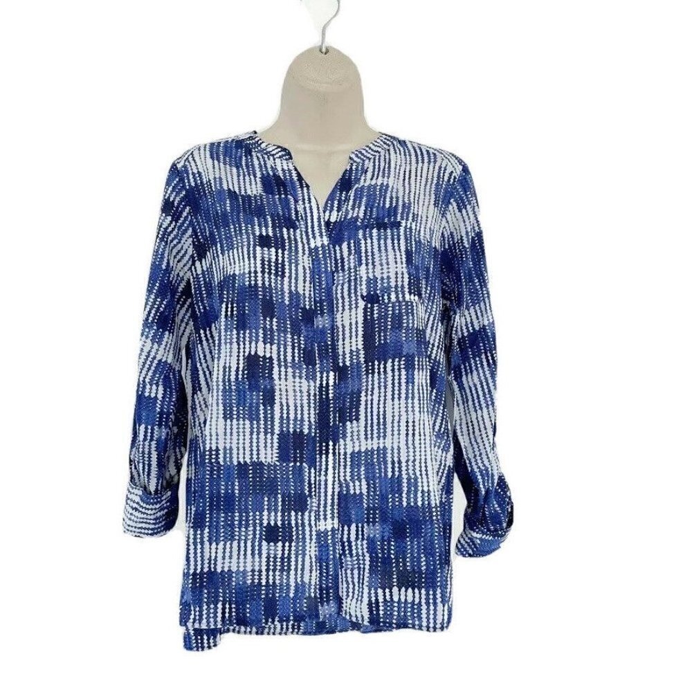 Foxcroft Easy Care Blue White Abstract Print Long Sleeved Blouse 4 Petite